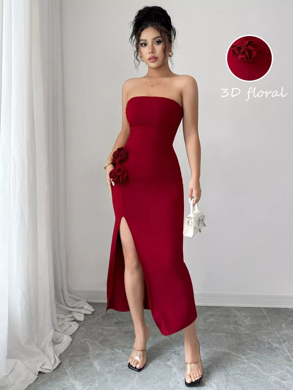 Front Split Strapless Dress with Floral Detail