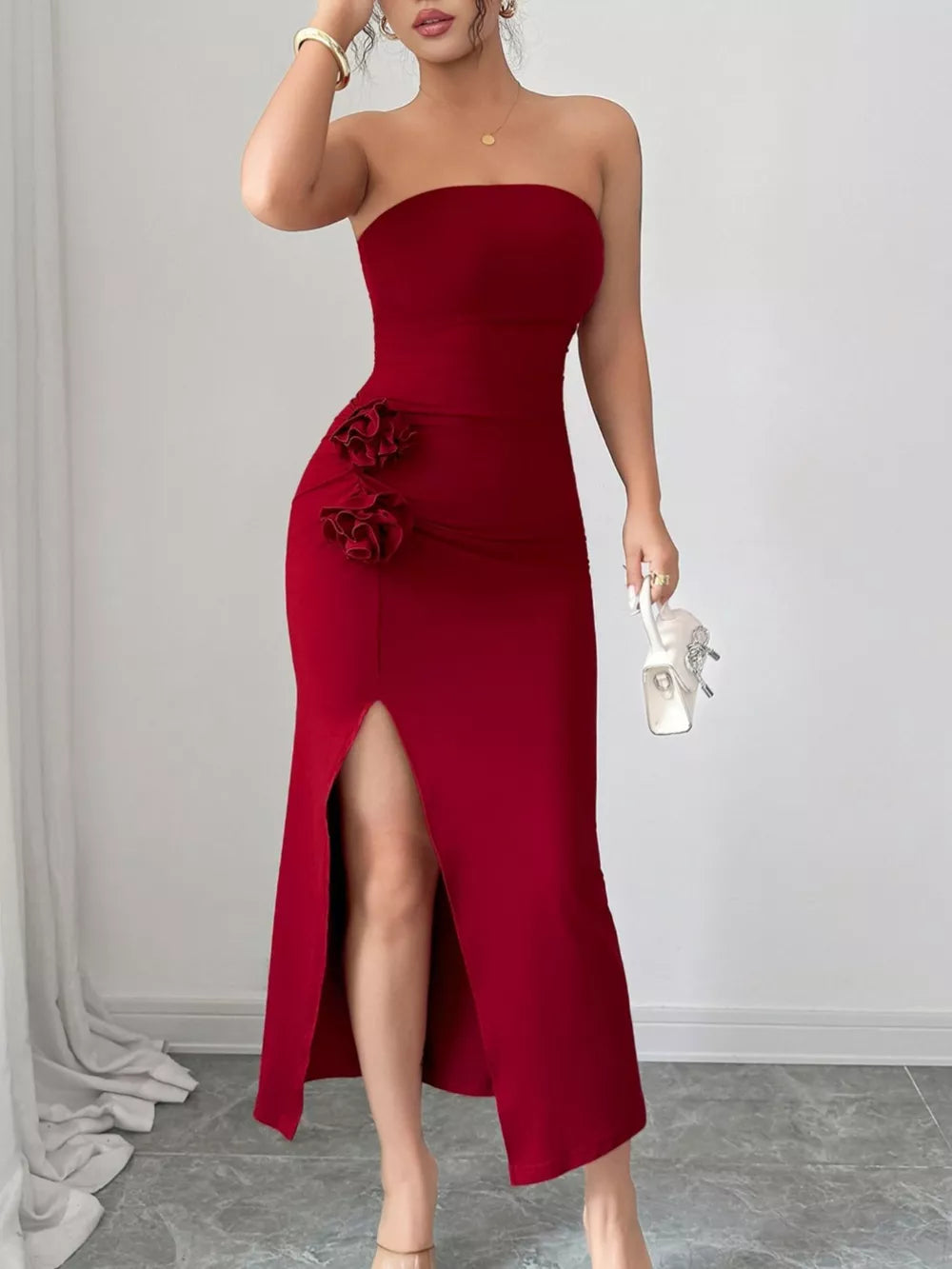 Front Split Strapless Dress with Floral Detail