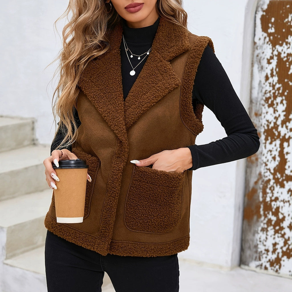 Women's Corduroy Collar Stitching Suede Vest Jacket With Side Pockets