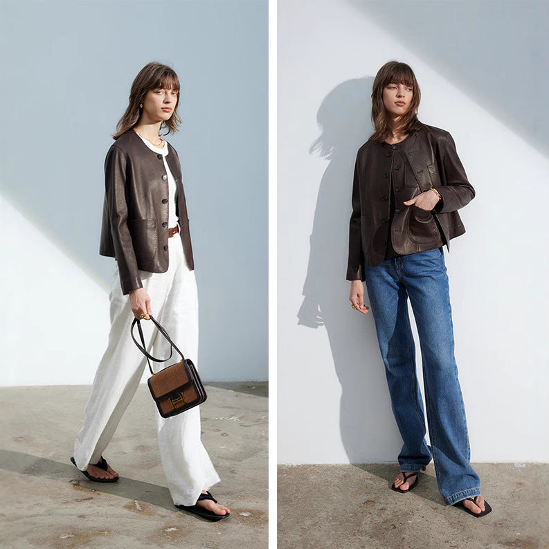 Casual Genuine Leather Clothes Women's Short Jacket Sheepskin Round Neck