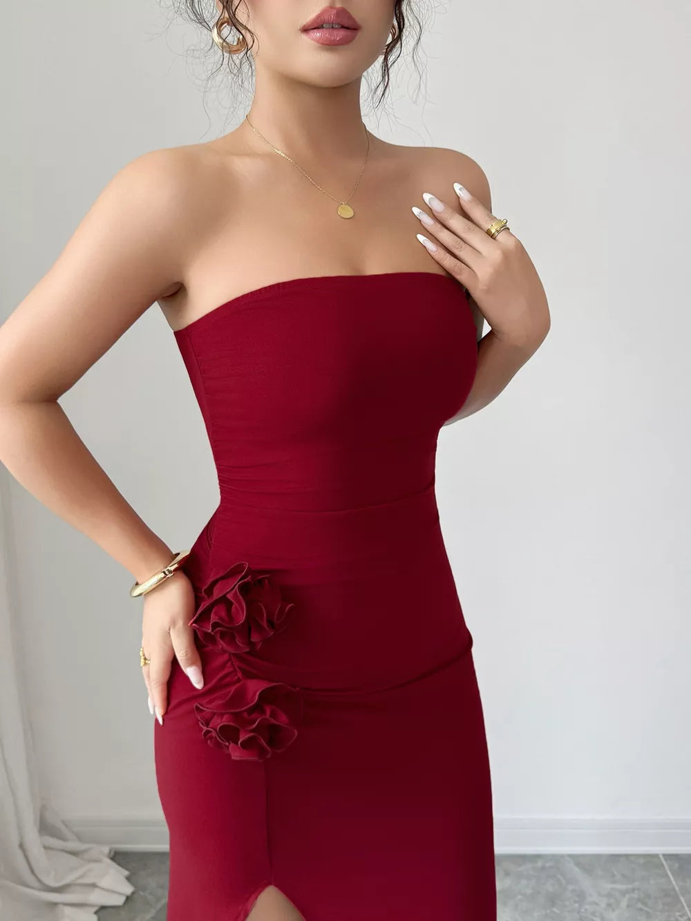 Front Split Strapless Dress with Floral Detail