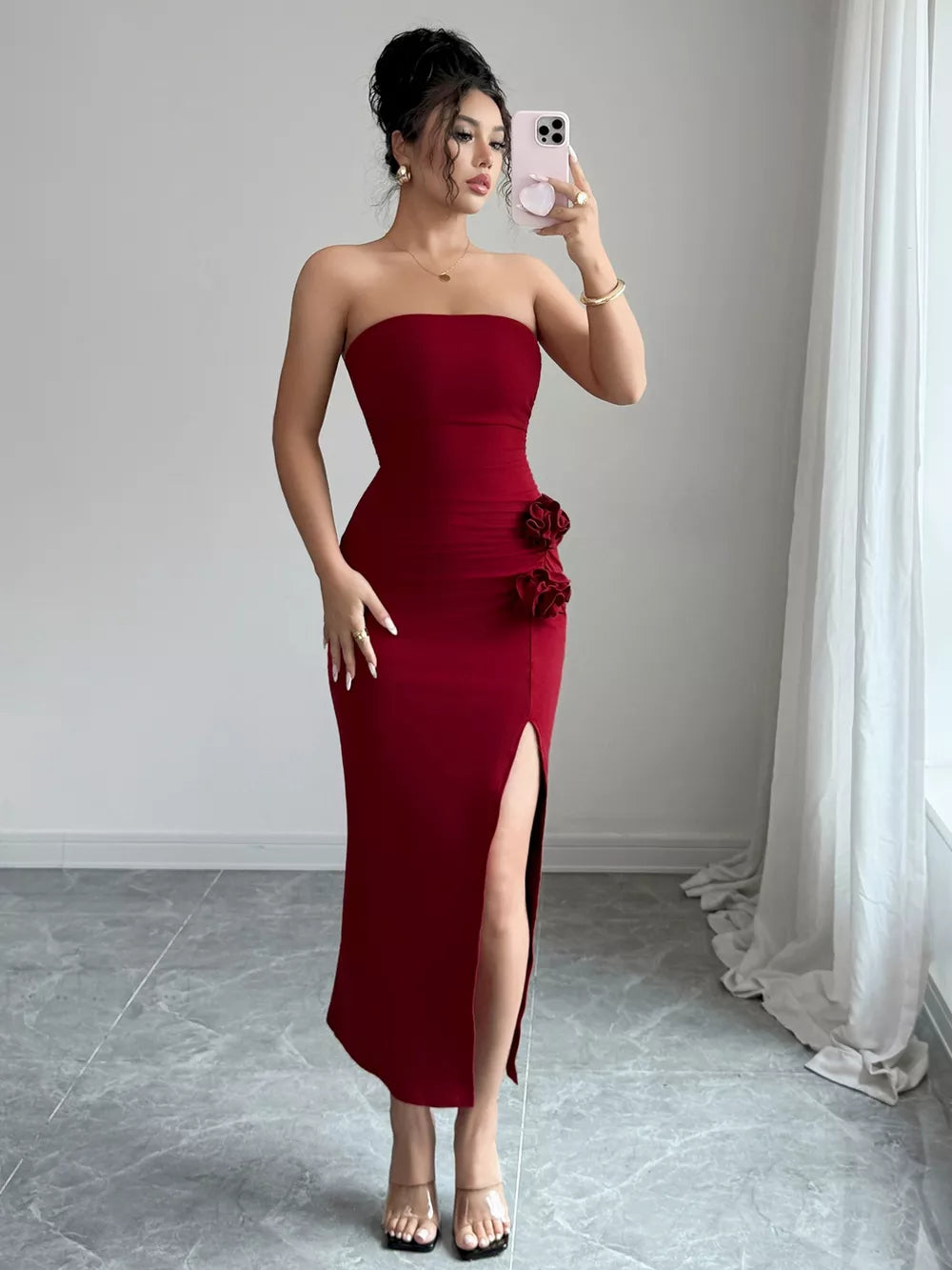 Front Split Strapless Dress with Floral Detail