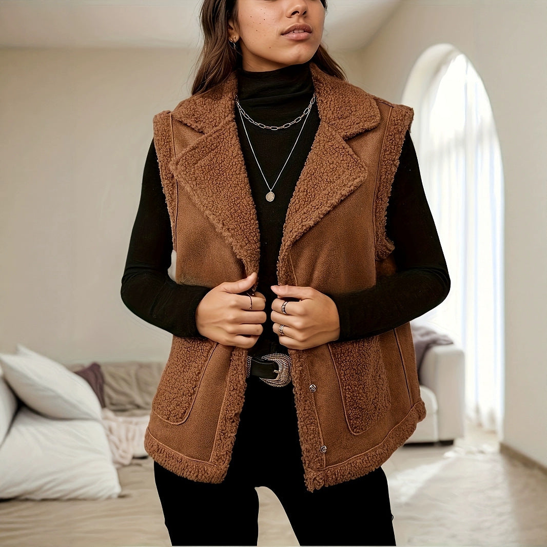 Women's Corduroy Collar Stitching Suede Vest Jacket With Side Pockets