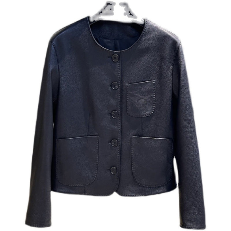 Casual Genuine Leather Clothes Women's Short Jacket Sheepskin Round Neck