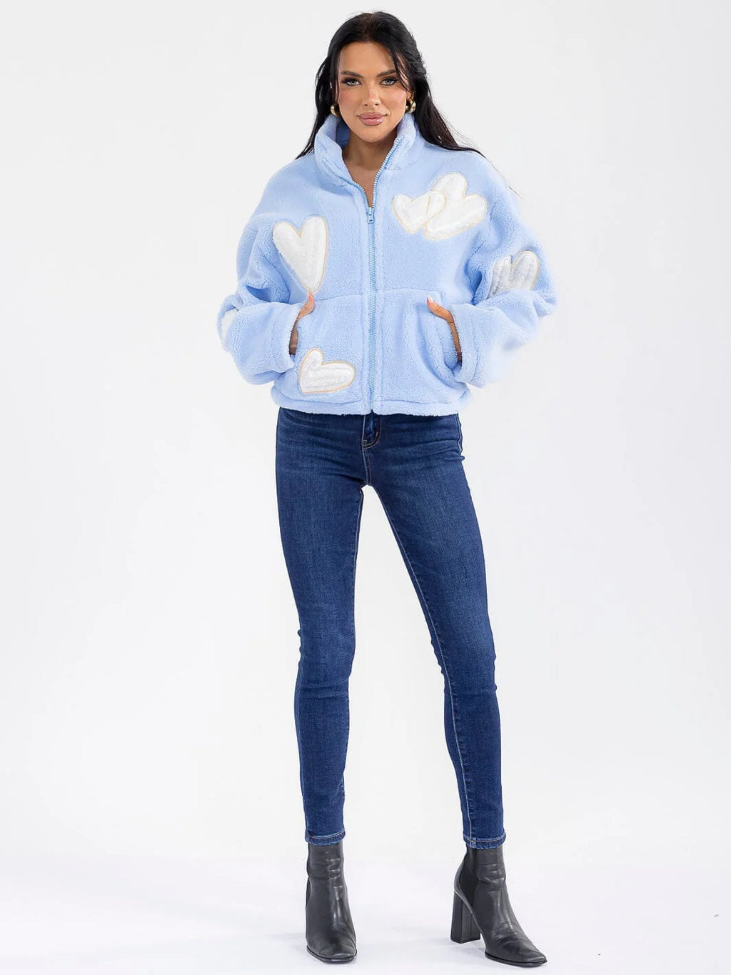 WOMEN'S LONG SLEEVE ZIPPER CLOSURE FRONT POCKETS SHERPA JACKET