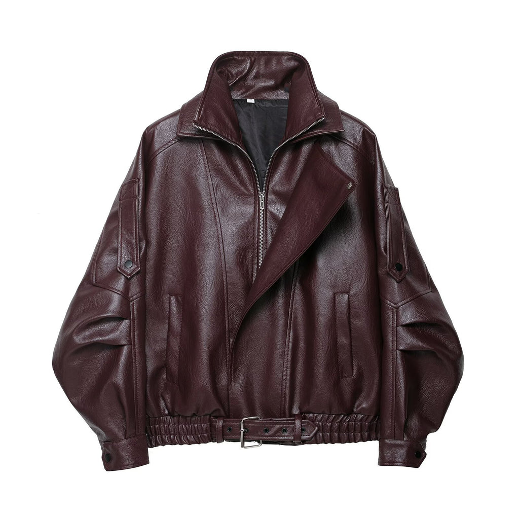 Retro Style Fashion Heavy Industry Sleeve Profile Short Locomotive Jacket Leather Coat